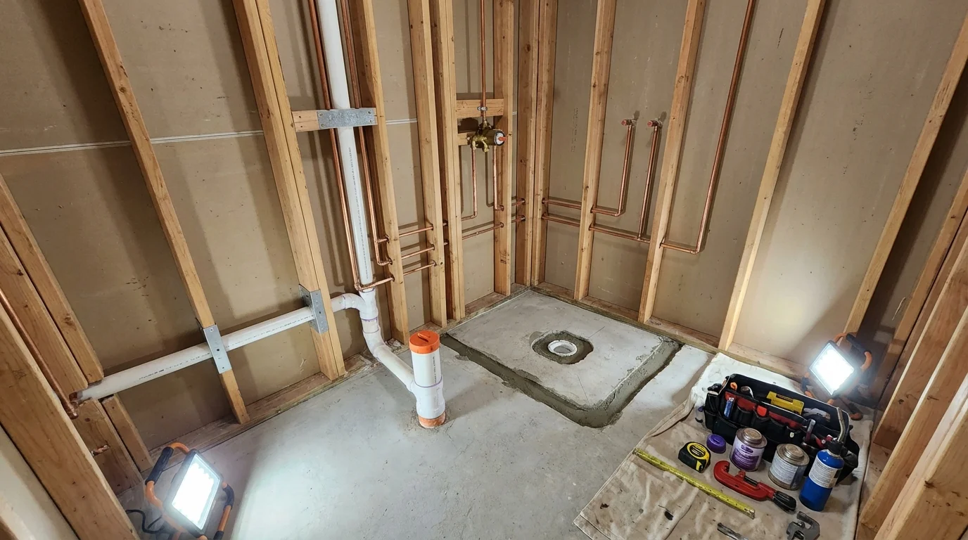 Bathroom rough-in plumbing during remodel by Johns Plumbing LLC in Avondale Estates