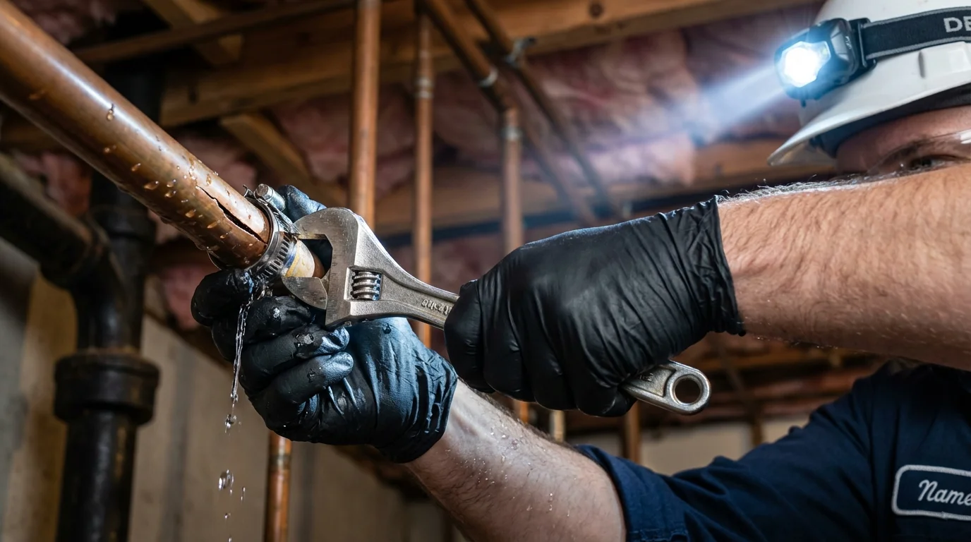 Emergency pipe clamp repair being performed by a Johns Plumbing LLC plumber in Avondale Estates