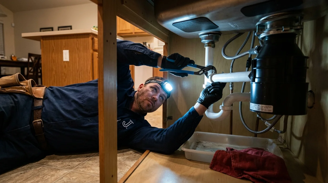 P-trap and supply line connections under a kitchen sink showing a common leak point in Avondale Estates, GA